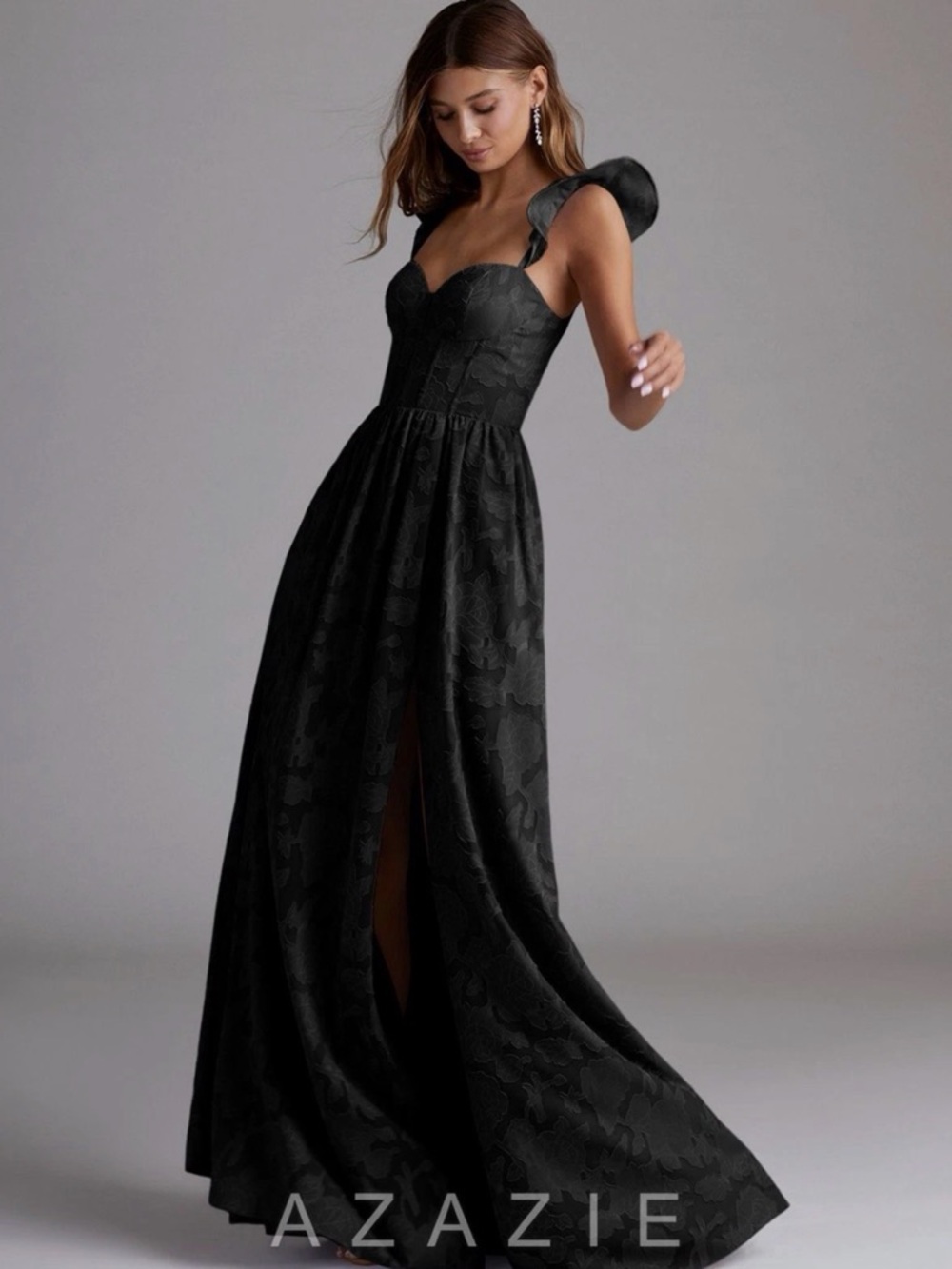 Azazie Denisse Black Floral Jacquard Sweetheart Gown with High Slit Size 0 - Picture 2 of 4